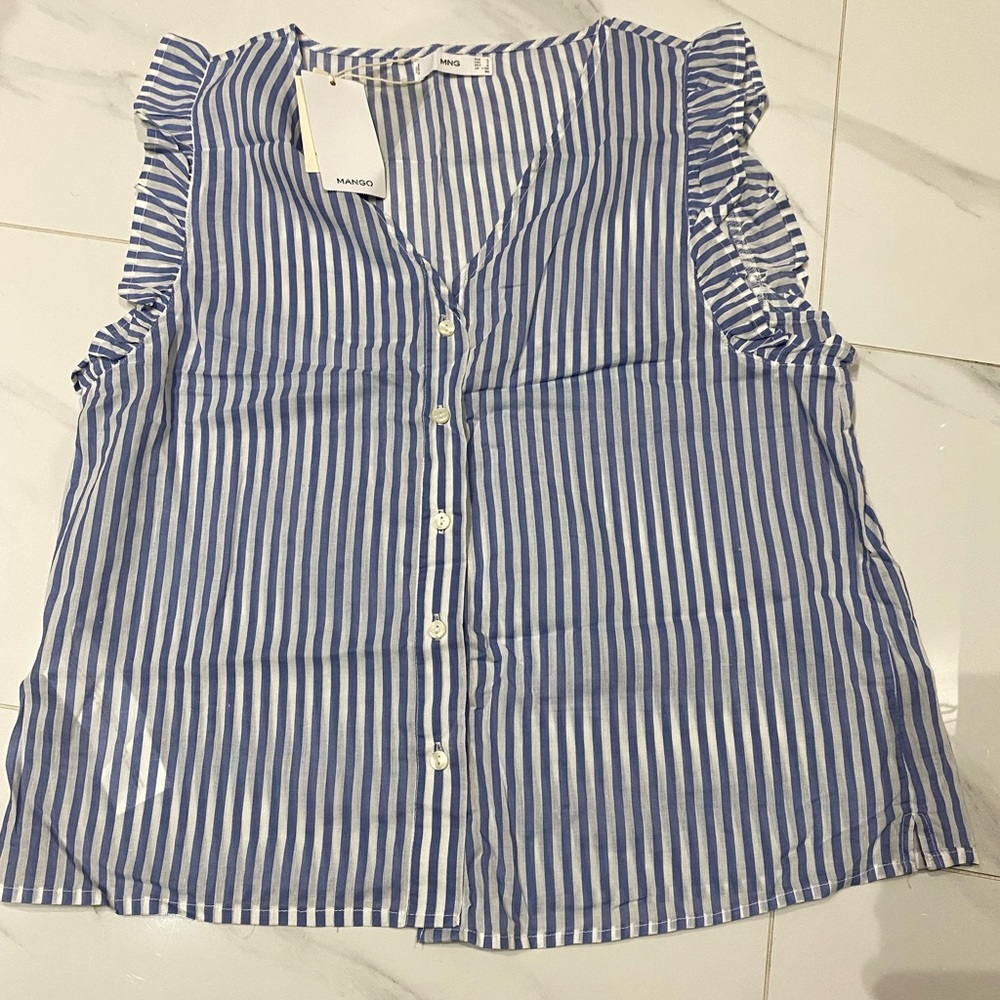 Mango Blue and White Striped Sleeveless Ruffle Button-Front Blouse